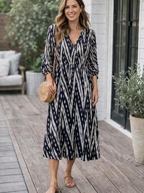 H&M Navy and Cream Ikat V-Neck Midi Dress